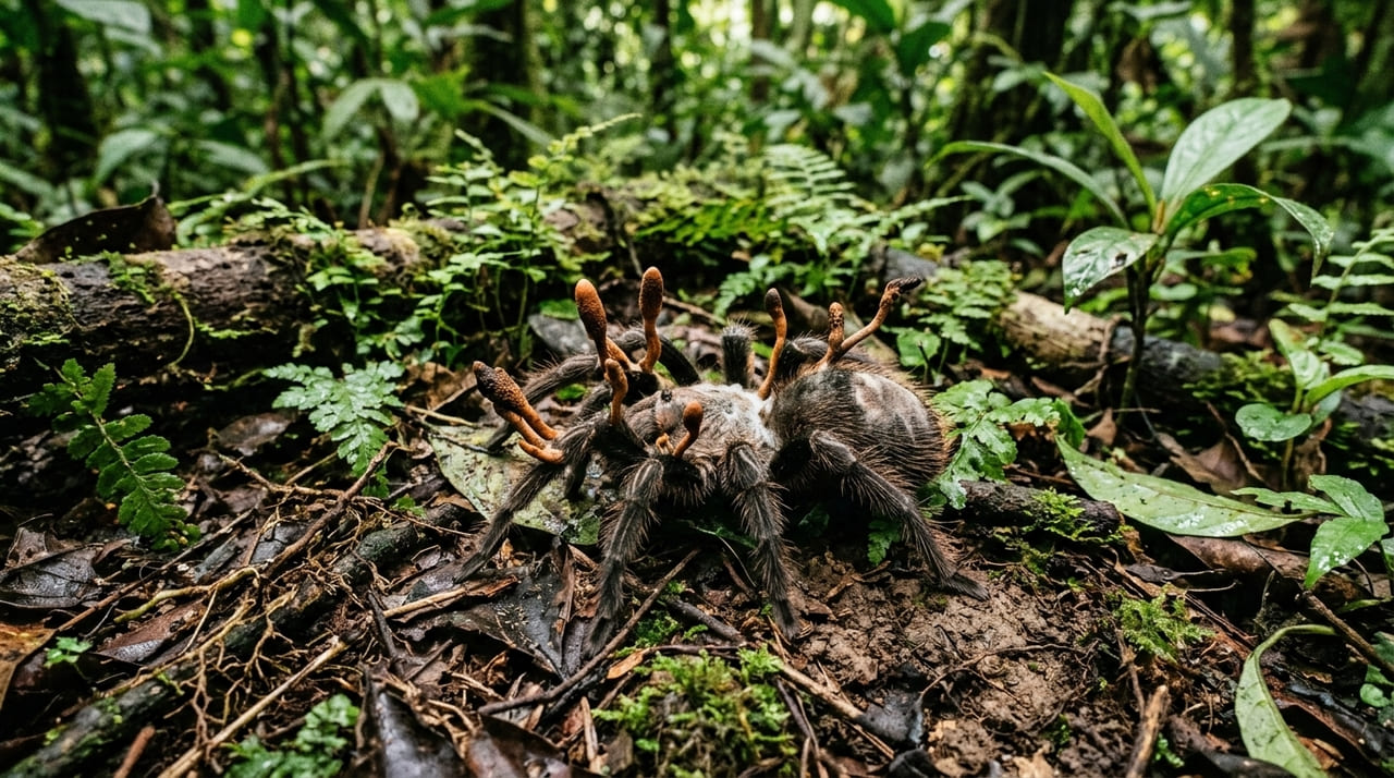 A interação entre a tarântula e o fungo parasita ilustra os mecanismos naturais de regulação populacional e equilíbrio ecossistêmico.