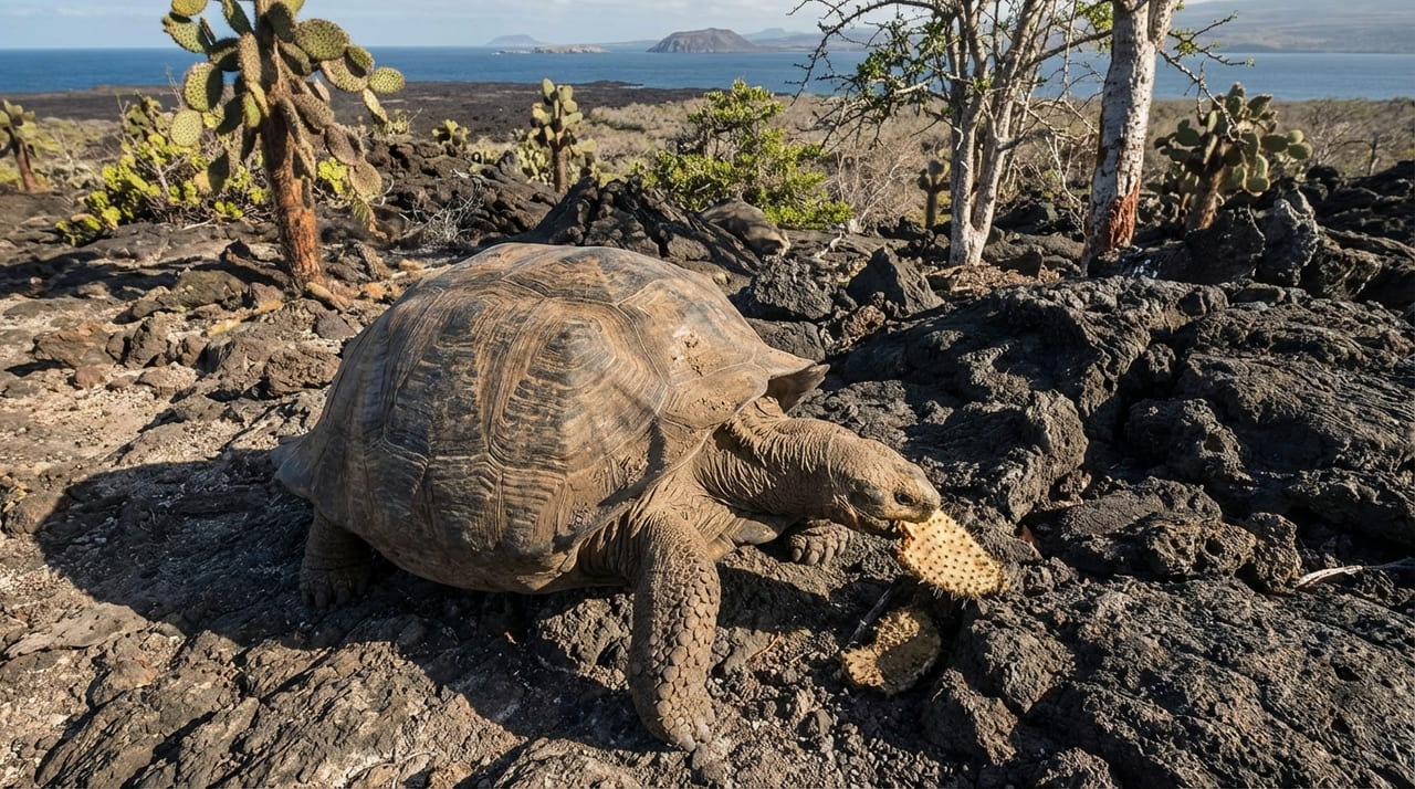 O reaparecimento da espécie Chelonoidis phantasticus confirma a resiliência da vida selvagem em ambientes vulcânicos isolados.