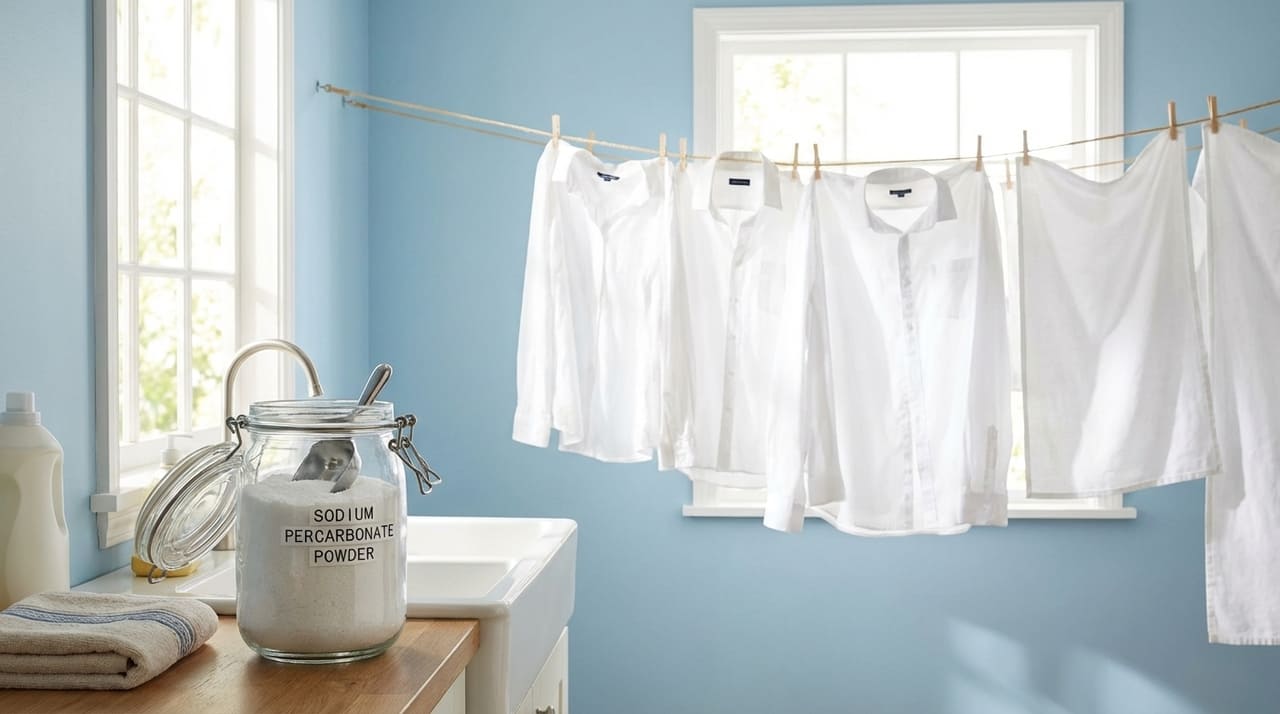 O percarbonato de sódio libera oxigênio ativo para clarear os tecidos profundamente sem danificar as fibras.