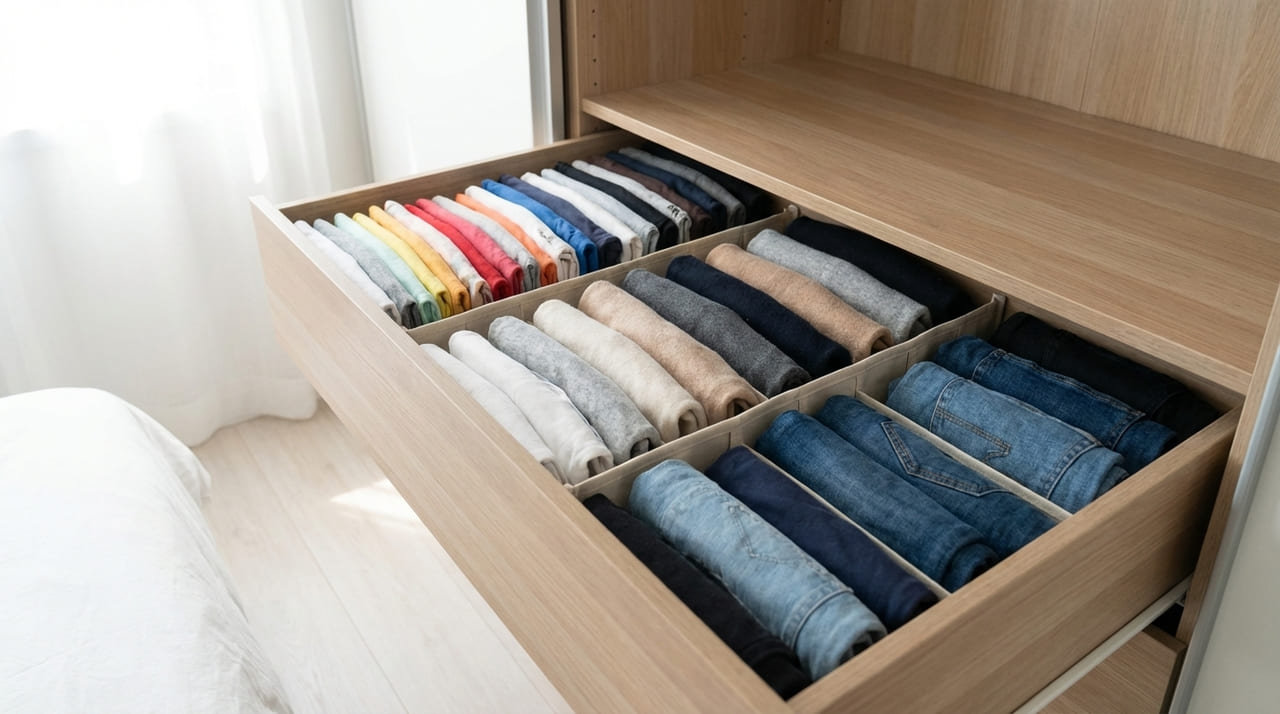 Transformar roupas em envelopes autossustentáveis garante visibilidade total e mantém a ordem das gavetas por muito mais tempo.