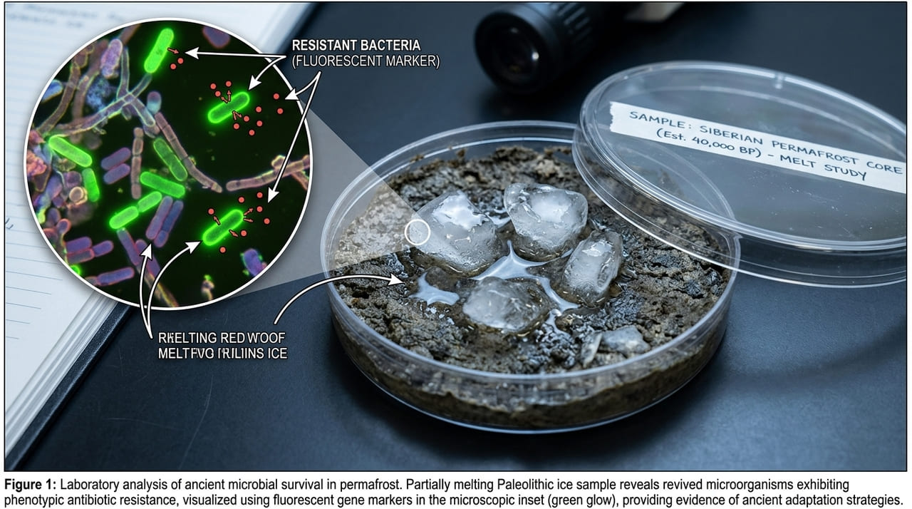O microrganismo preservado no gelo demonstra que mecanismos de defesa biológica evoluíram milênios antes da invenção da medicina atual.