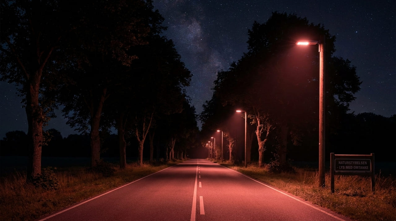 A Dinamarca utiliza luzes avermelhadas para garantir a segurança dos pedestres sem interferir nos ciclos biológicos dos animais noturnos.