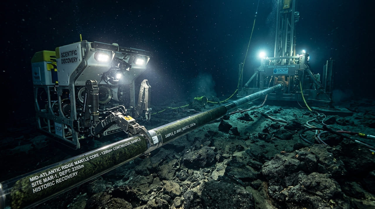 Cientistas alcançaram uma profundidade histórica de 1.268 metros abaixo do leito oceânico, recuperando núcleos de peridotito. A amostra permite analisar diretamente a transição entre a crosta e o manto, revelando processos de serpentinização e a dinâmica térmica que molda as placas tectônicas.