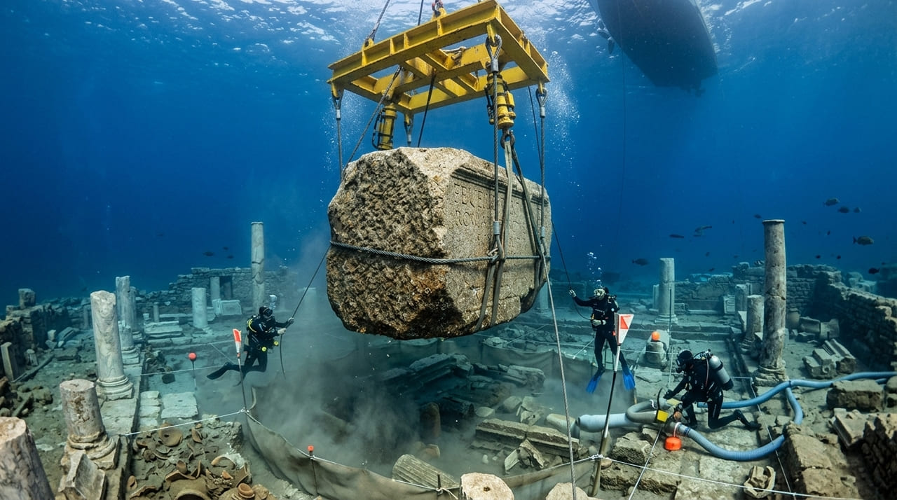 A retirada de peças monumentais do mar Mediterrâneo utiliza tecnologia digital para preservar a história e a biodiversidade marinha.