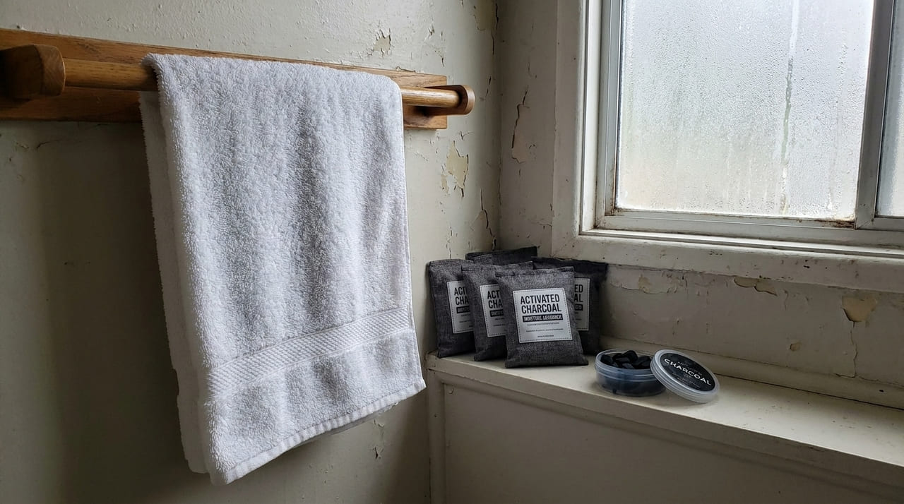 O uso do carvão ativado atua como um filtro natural que absorve a umidade e impede o odor de mofo nas toalhas.