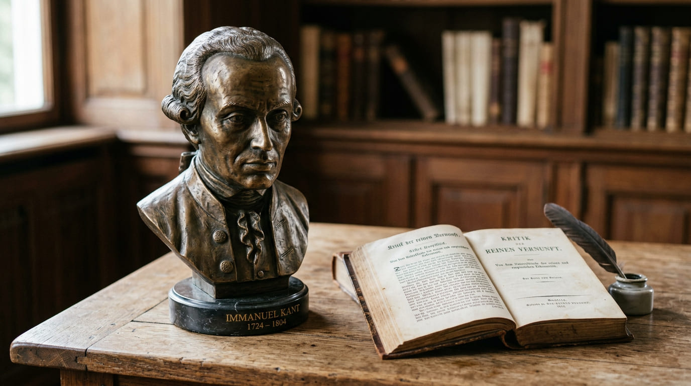 Representação visual de uma balança equilibrada sobre um livro de filosofia, representando a justiça e a razão.