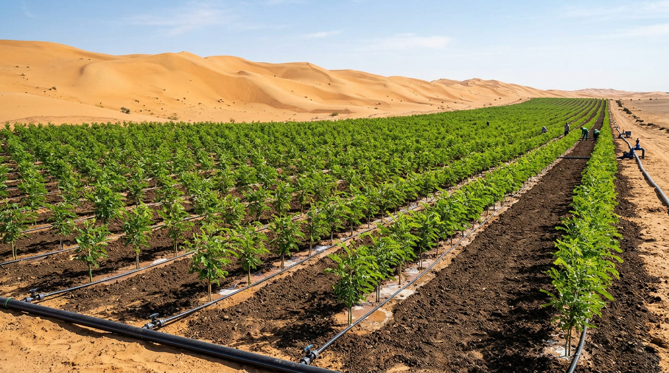 Projeto de engenharia ecológica converte áreas áridas em sumidouros de carbono através de sistemas avançados de irrigação e plantio massivo.