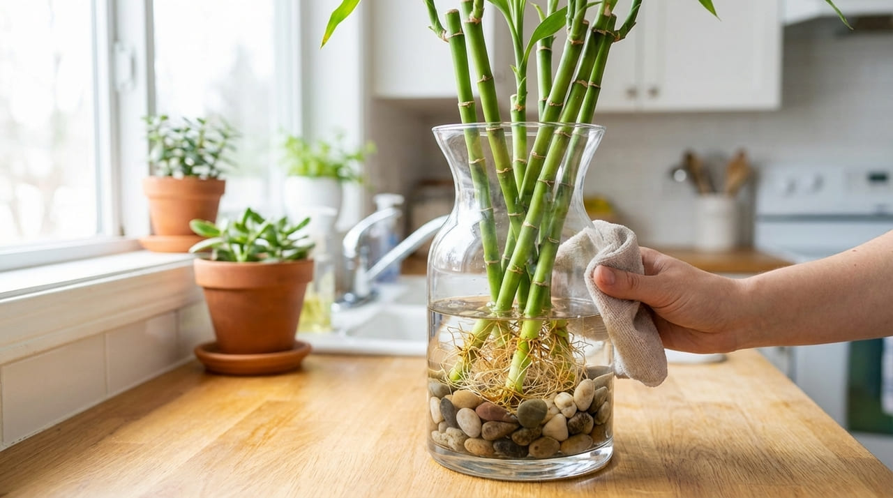 Evitar a luz solar direta e utilizar água filtrada são cuidados vitais para preservar o verde intenso e a saúde do bambu.
