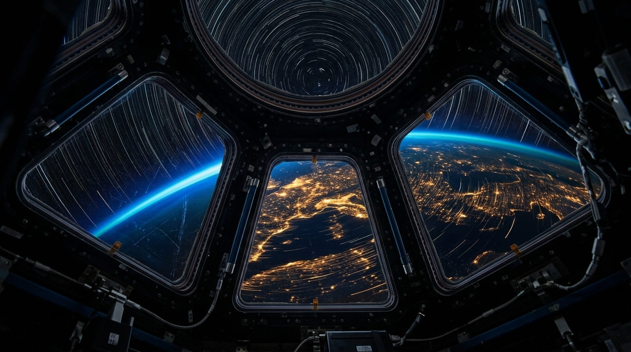 O registro artístico em microgravidade funde luzes urbanas e fenômenos atmosféricos para criar composições visuais inéditas sobre a Terra.