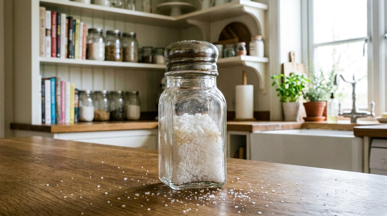 O uso de grãos de arroz no saleiro ajuda a absorver a umidade e evita que o tempero forme blocos sólidos.