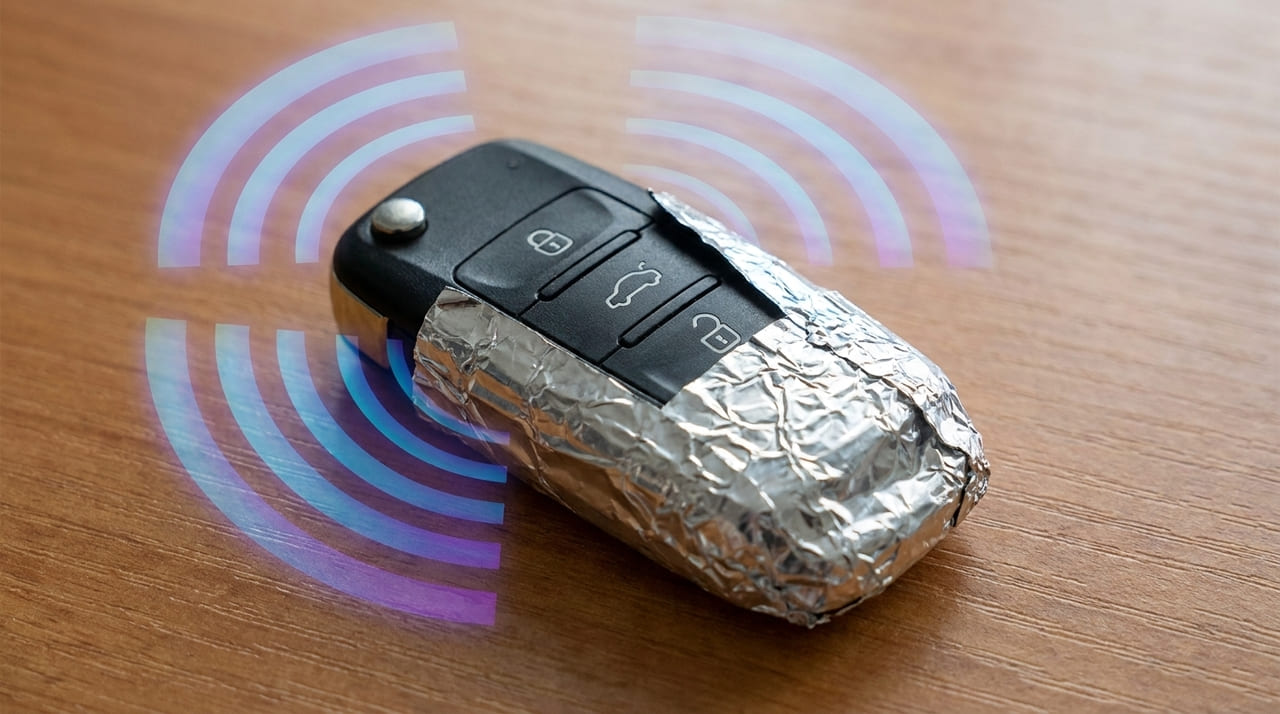 Envolver a chave do veículo em papel alumínio anula a comunicação eletromagnética, protegendo o automóvel contra ataques de clonagem e retransmissão.