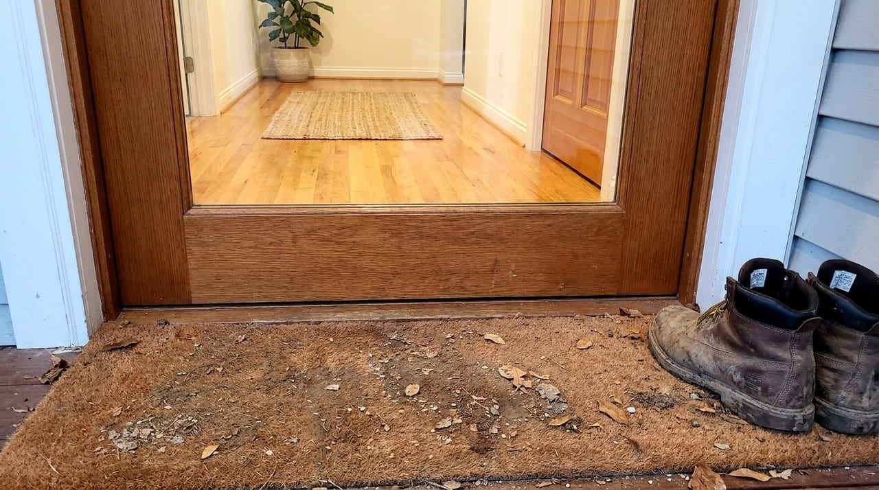 O uso de cestos de palha facilita a ventilação dos calçados e mantém a poeira externa longe dos cômodos principais.