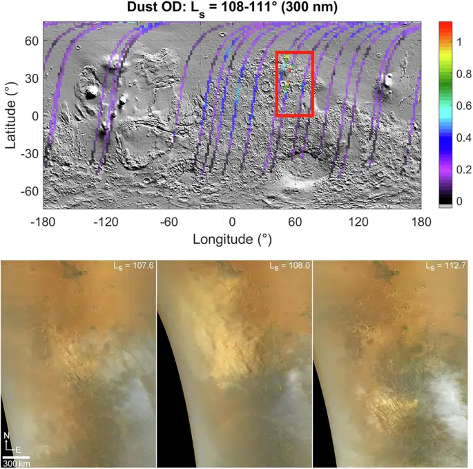 Distribuição geográfica da profundidade óptica de poeira (300 nm) obtida das medições de nadir NOMAD/UVIS entre LS=108∘-111∘ de MY37 (usando 2∘ × 2∘ média da grade)