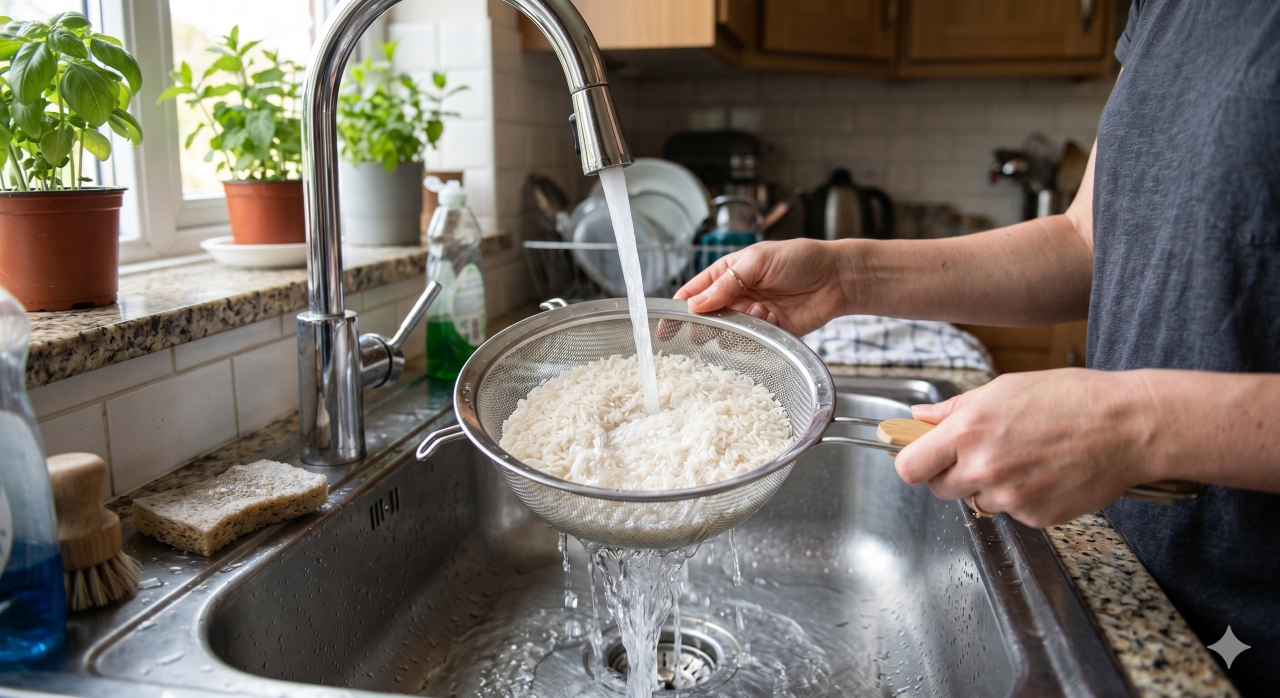 Lavar o arroz antes do preparo ajuda a remover o excesso de amido e melhora a textura.