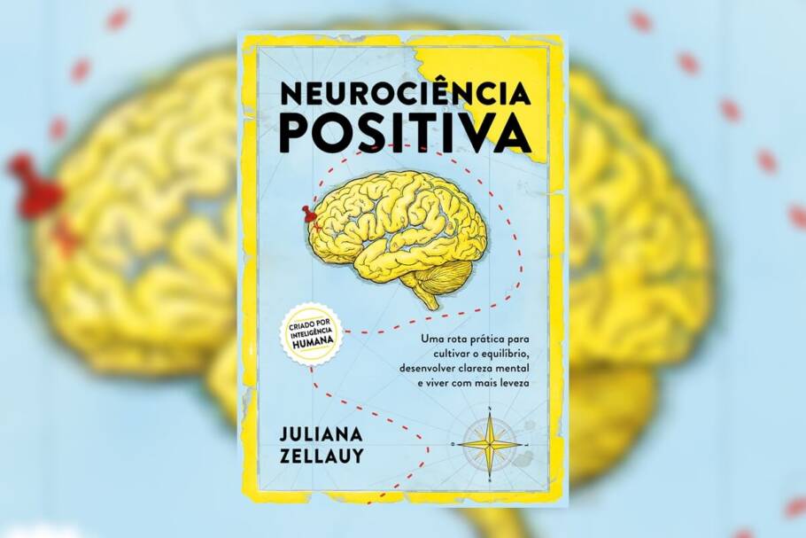 Capa de livro azul com título e nome do autor em preto e ilustração de um cérebro em amarelo como se fosse um mapa