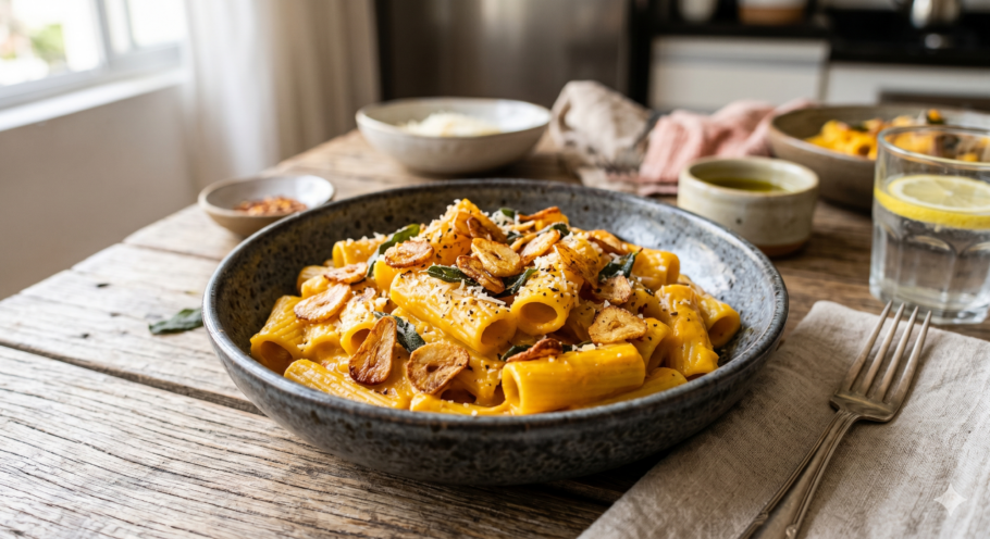 Macarrão cremoso de abóbora com alho dourado