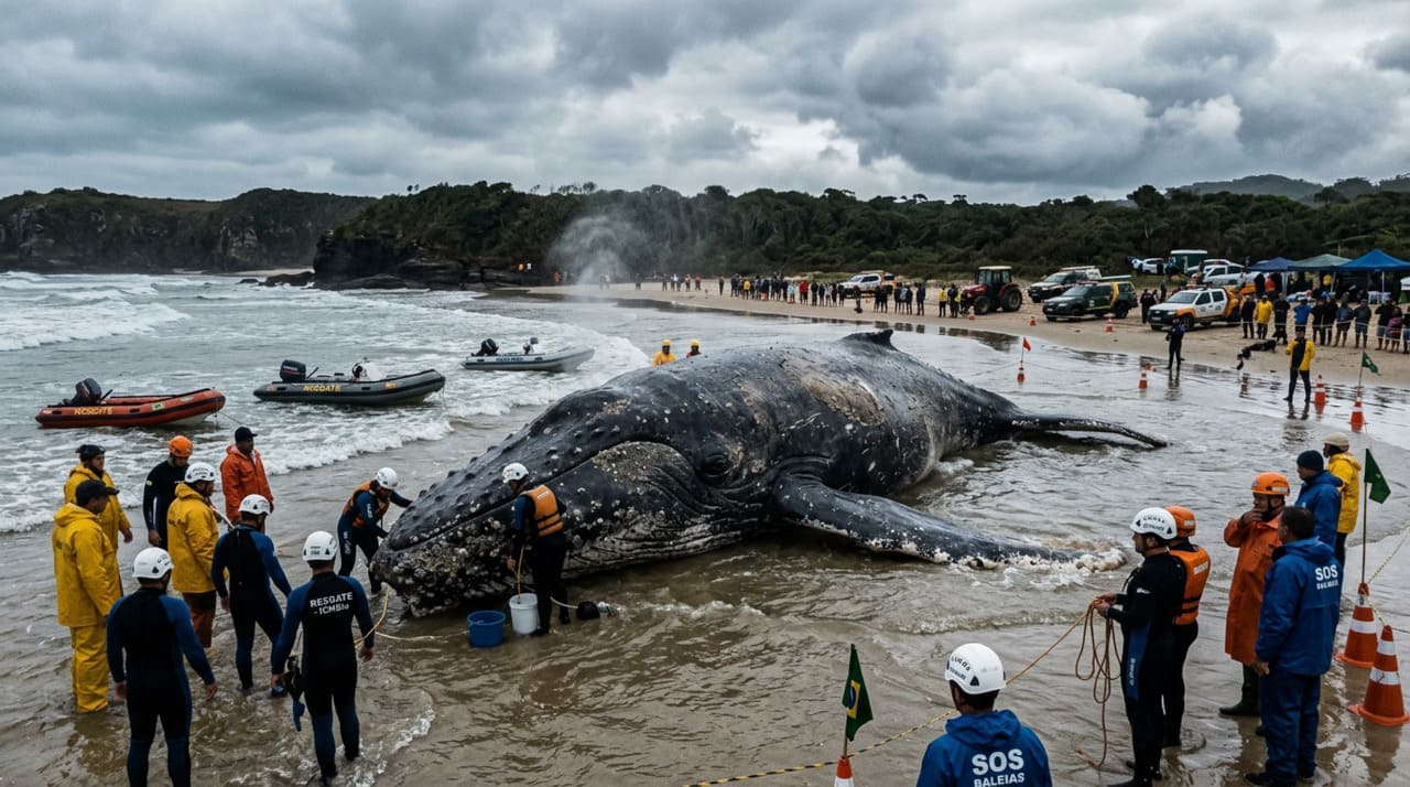 A baleia jubarte encalhada no Mar Báltico ficou presa por semanas na Baía de Wismar, no norte da Alemanha.