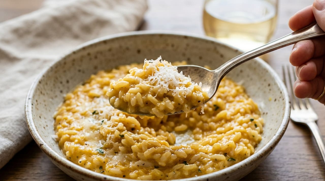 Quando o arroz arbóreo termina de cozinhar, ele absorveu grande parte do líquido das conchas anteriores