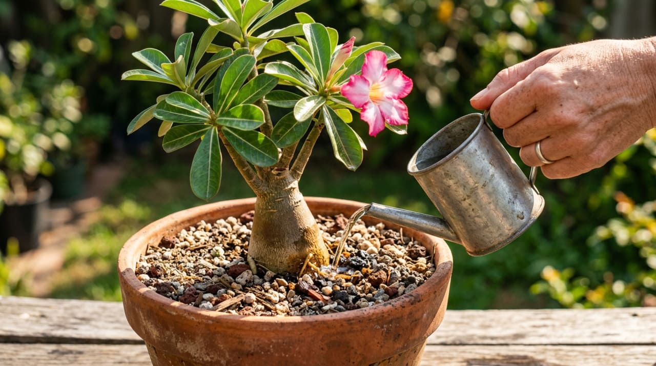 O caudex, aquele tronco inchado e decorativo que é a marca registrada da rosa do deserto, funciona como reservatório interno de água e nutrientes.