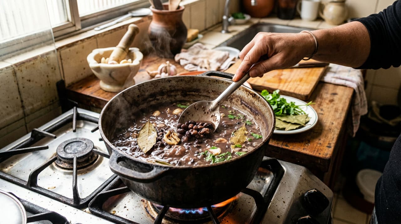 O segundo elemento do segredo é a técnica, não um ingrediente: amassar uma parte dos grãos ainda dentro da panela antes de iniciar o refogado