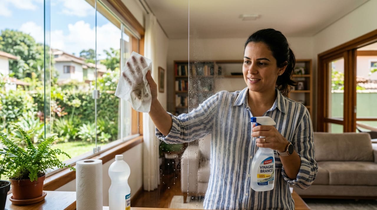 O vinagre branco tem uma leve acidez que ajuda a “quebrar” as moléculas de gordura e soltar aquela sujeira que parece colada no vidro