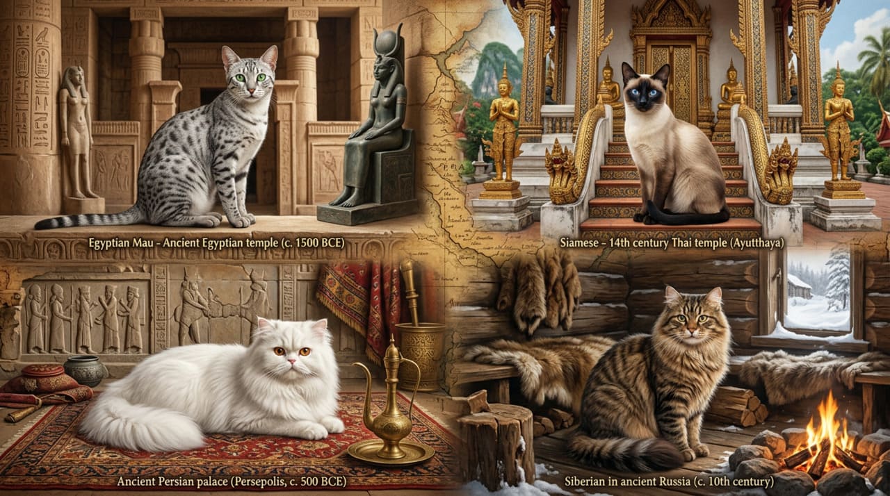 A origem das primeiras raças de gatos está ligada ao processo de domesticação iniciado há cerca de 9.500 a 10 mil anos no Crescente Fértil