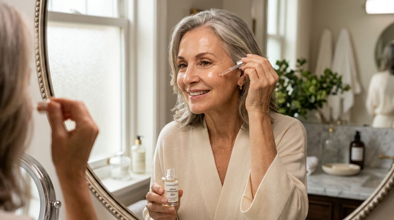 O serum para pele madura de 60 anos é um produto fluido, com textura leve e alta concentração de ativos, que penetra com facilidade nas camadas da epiderme.