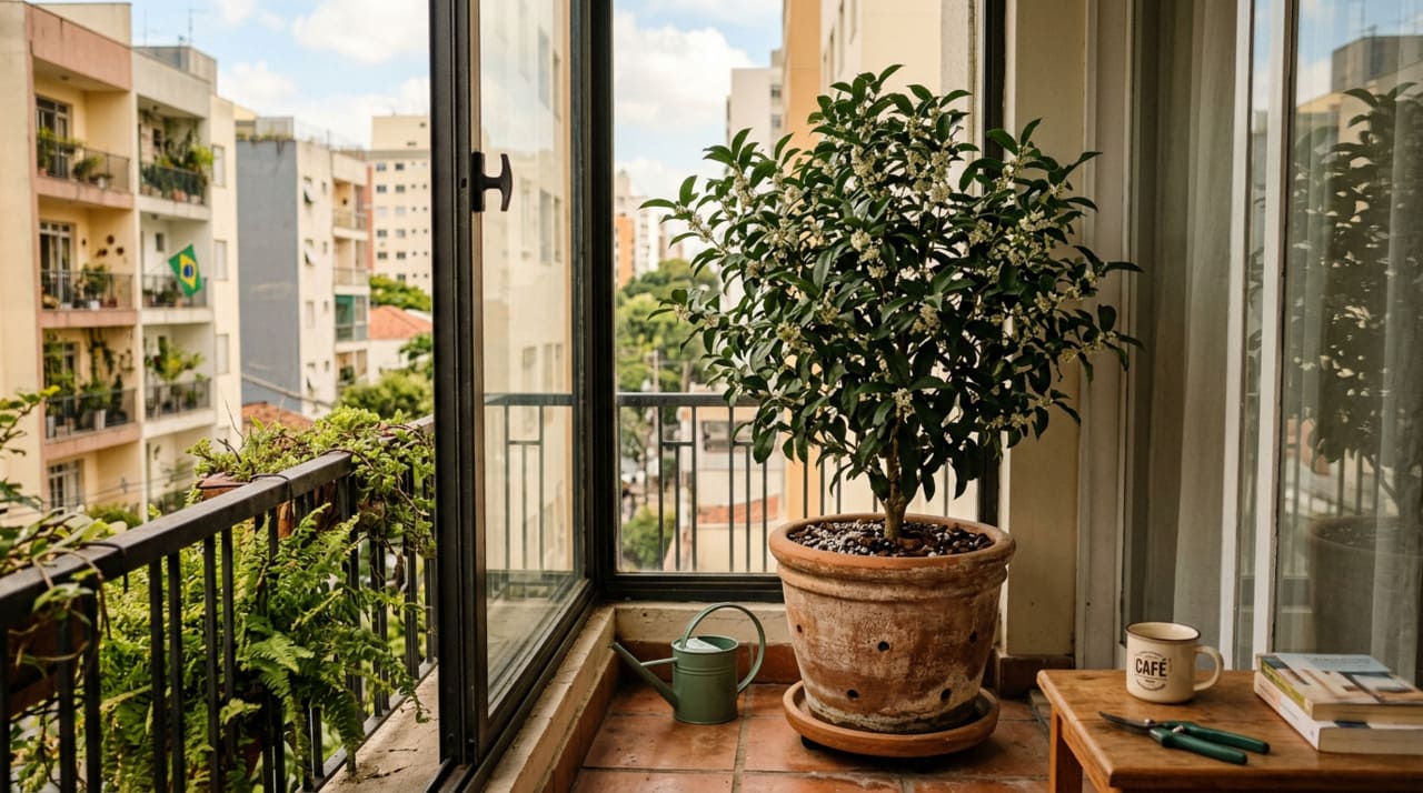 O olivo doce em vaso é o Osmanthus fragrans cultivado em recipientes amplos, como jardineiras profundas ou vasos robustos para plantas de médio porte