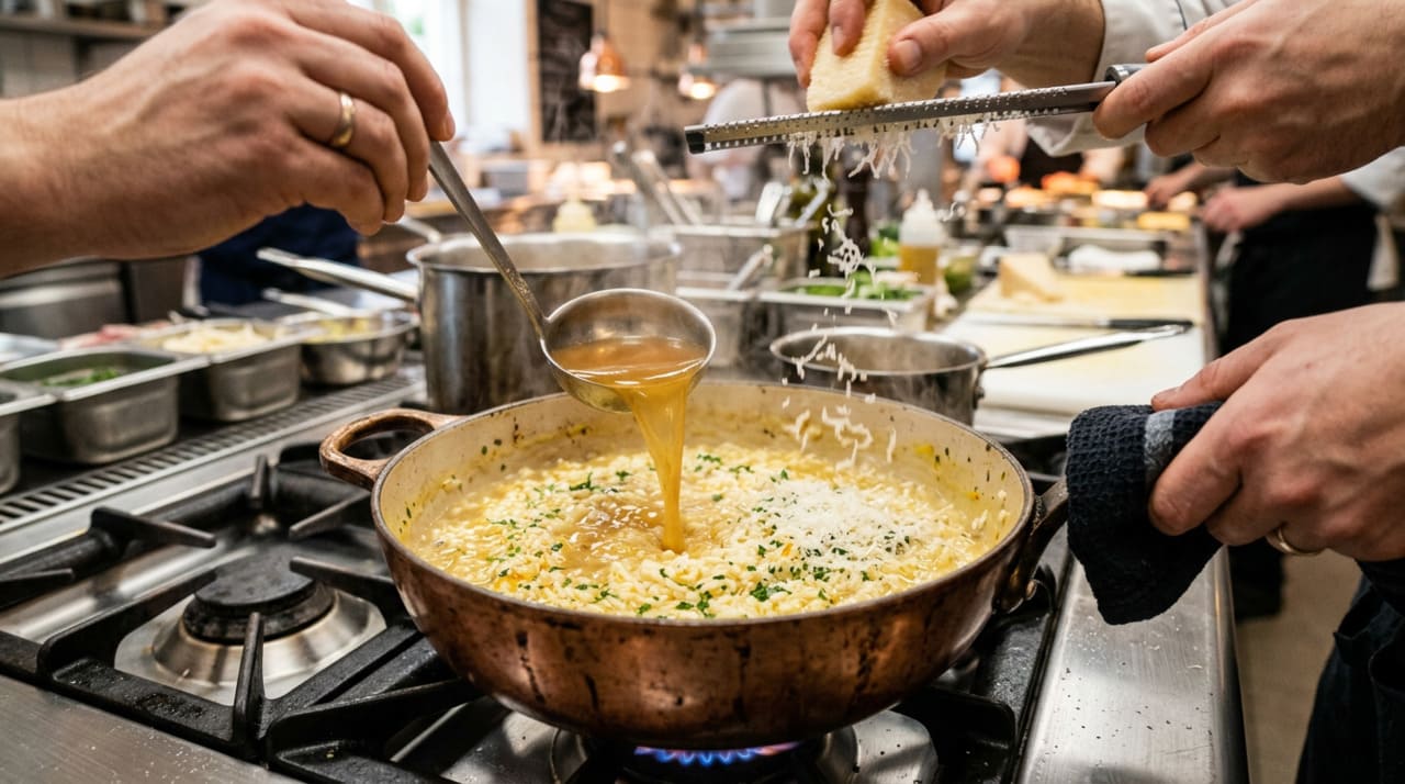 Quando o arroz arbóreo termina de cozinhar, ele absorveu grande parte do líquido das conchas anteriores