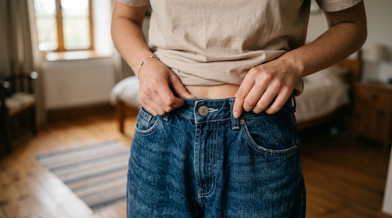 O chamado truque do botão é uma forma rápida de diminuir o cós da calça jeans larga na cintura usando somente o botão metálico e a presilha frontal