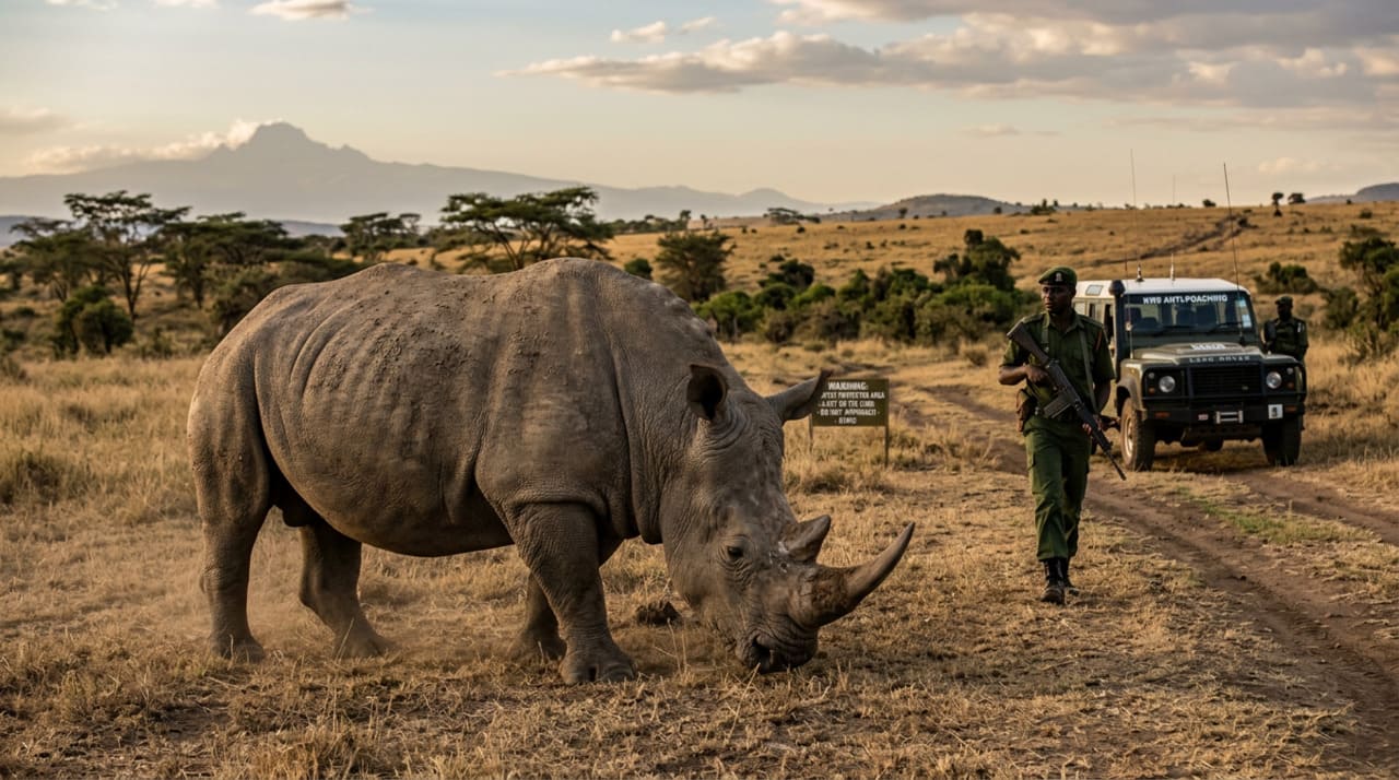 O rinoceronte branco do norte é uma subespécie do rinoceronte branco africano, conhecido por seu grande porte e comportamento herbívoro.