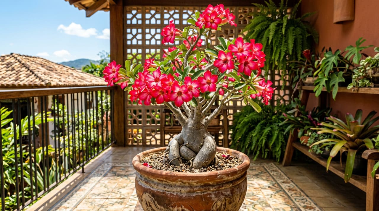 O caudex, aquele tronco inchado e decorativo que é a marca registrada da rosa do deserto, funciona como reservatório interno de água e nutrientes.