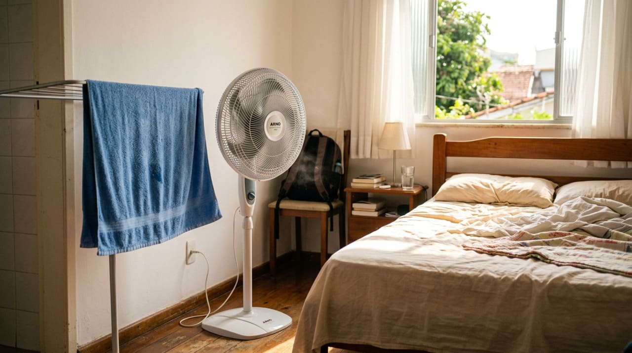 O famoso vento gelado com pano úmido nada mais é do que usar um ventilador normal junto com um tecido molhado em água fria.