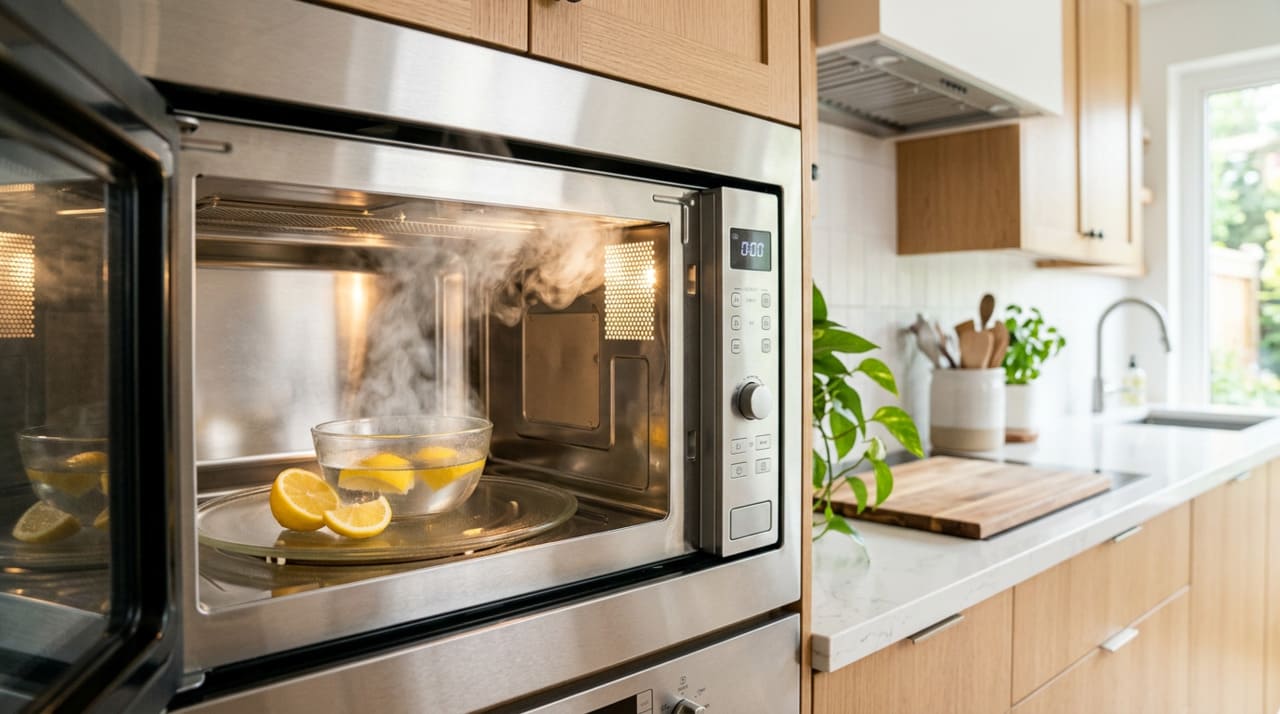 O método mais usado para limpar o micro-ondas sem esforço é aquecer uma mistura de água com vinagre branco até formar bastante vapor lá dentro.