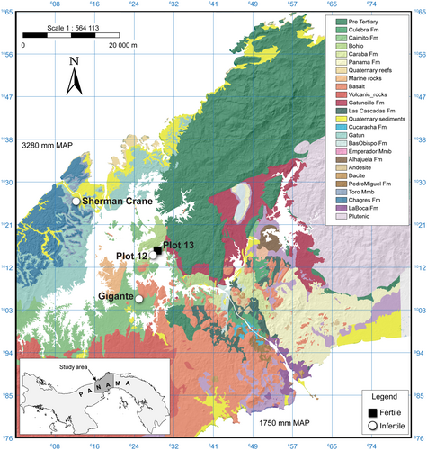 Este estudo utilizou um subconjunto de quatro florestas representativas das 50 parcelas de longo prazo em variação de precipitação e fertilidade do solo.