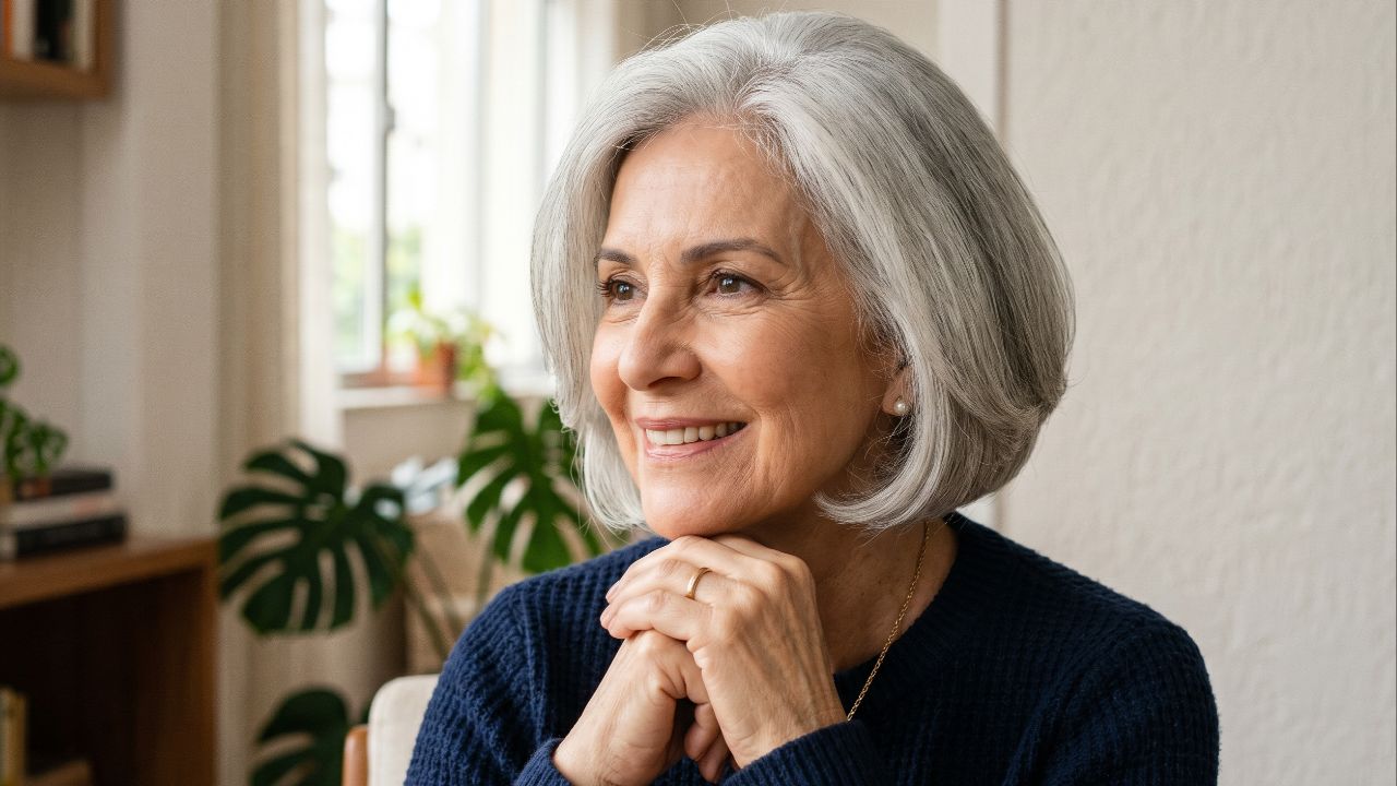 O corte bob oferece versatilidade e um acabamento encorpado que valoriza a elegância dos fios maduros.