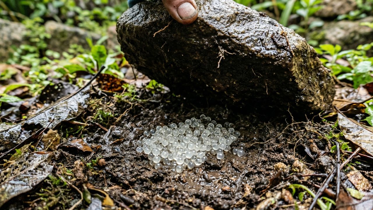 Ovos de lesmas e caracóis concentram-se em locais úmidos, sombreados e protegidos no solo.