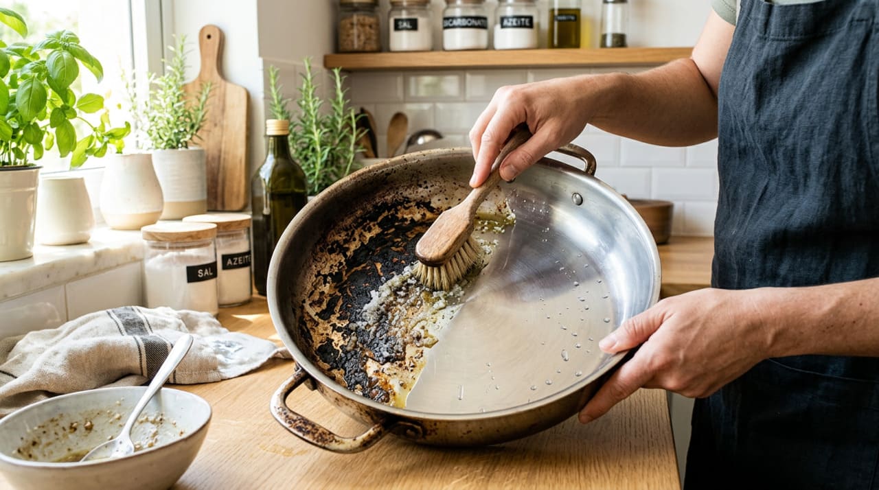 Essa combinação caseira é ótima pra quem quer fugir de detergentes pesados e esponjas muito ásperas, que riscam o metal e desgastam o antiaderente.