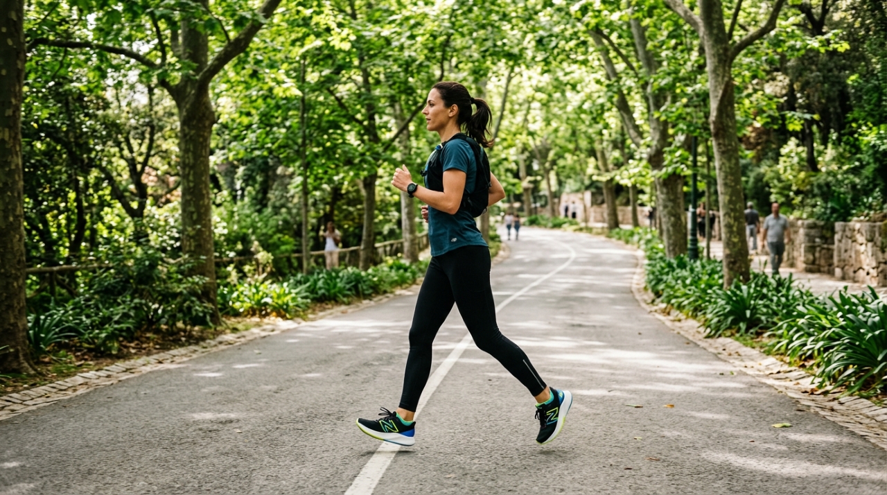 tênis de corrida adequado em uso durante caminhada em piso urbano, passo firme e contínuo