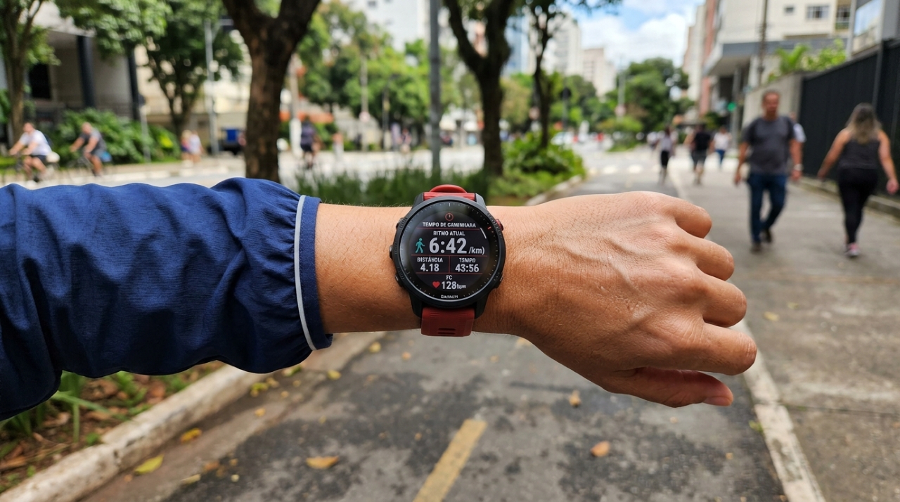 relógio esportivo no pulso mostrando ritmo de caminhada enquanto pessoa caminha em calçada