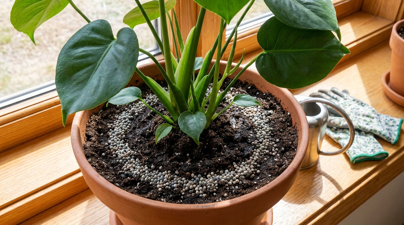 A aplicação em círculo na projeção da copa evita o contato direto com o caule e a desidratação das células.