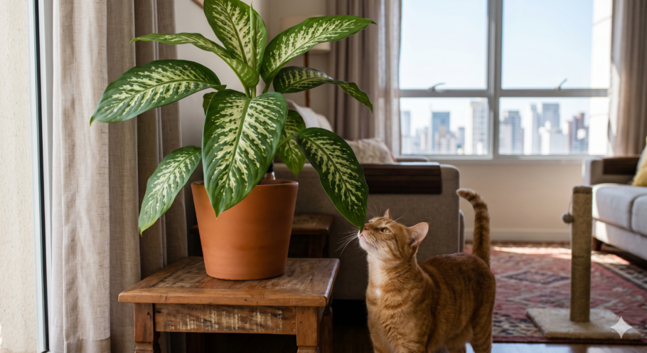 Comigo-ninguém-pode é uma das plantas tóxicas para gatos. Ela provoca irritação intensa na boca, salivação e dificuldade para engolir