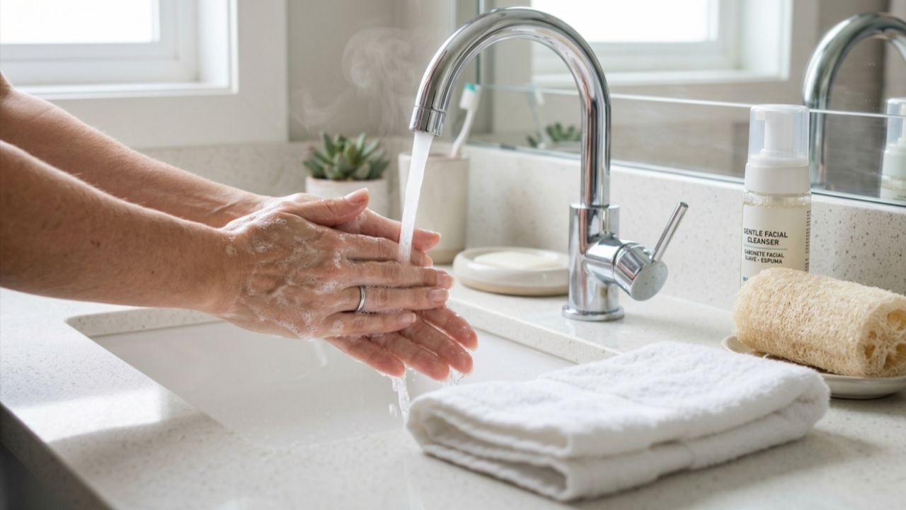 Lave o rosto com suavidade e água morna para evitar danos e irritações.