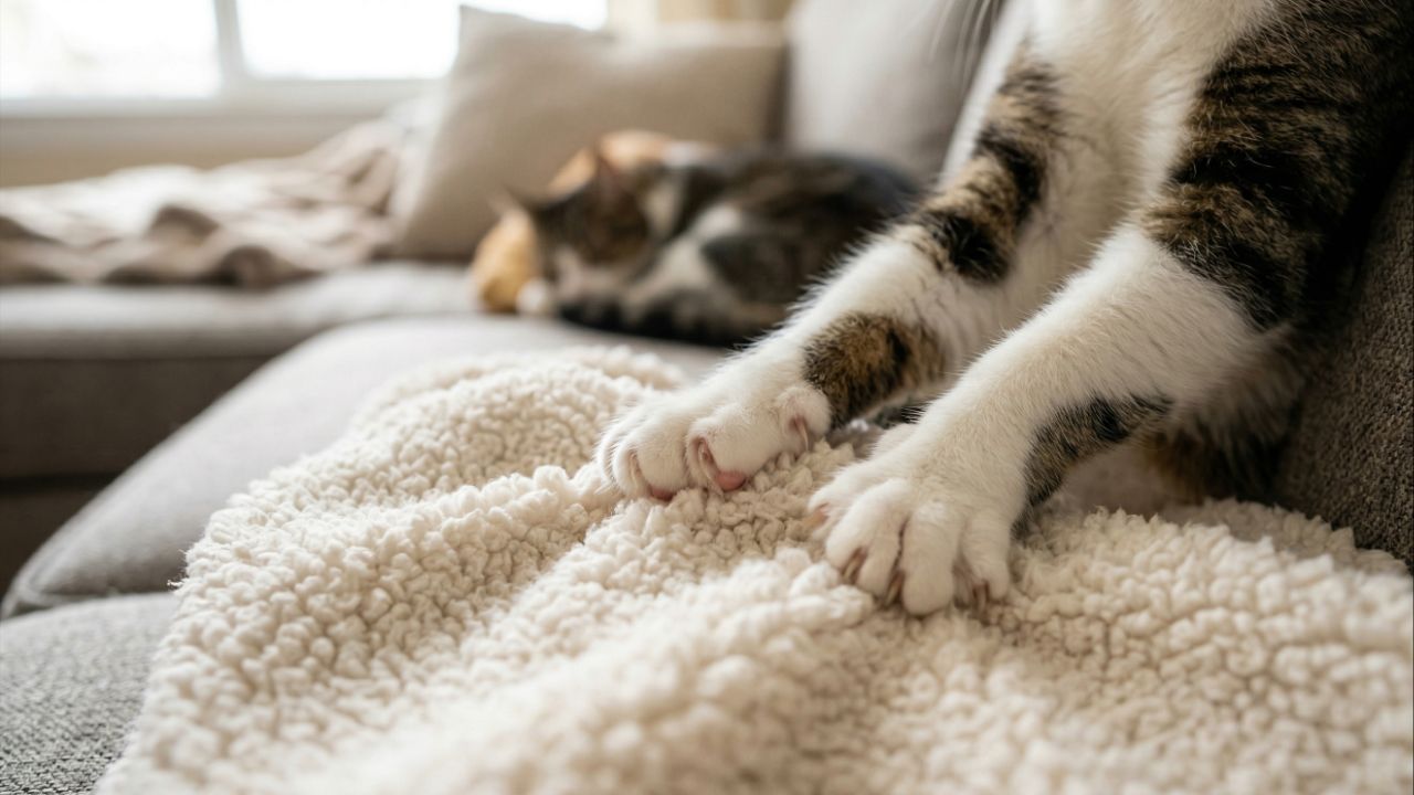 Gatos amassam superfícies para relaxar, marcar território e preparar o descanso.