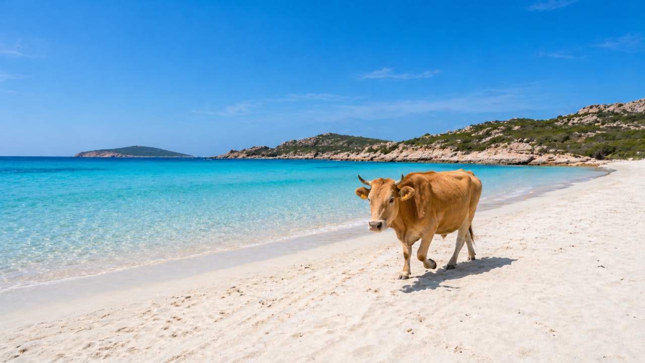 Vacas circulam livremente pela faixa de areia em Berchida