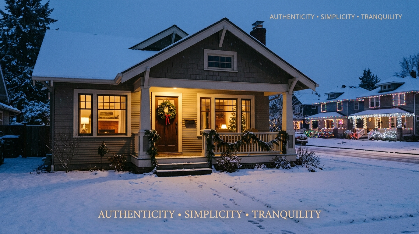 A escolha por não decorar o exterior da casa reflete uma busca por tranquilidade e vivência autêntica da celebração.