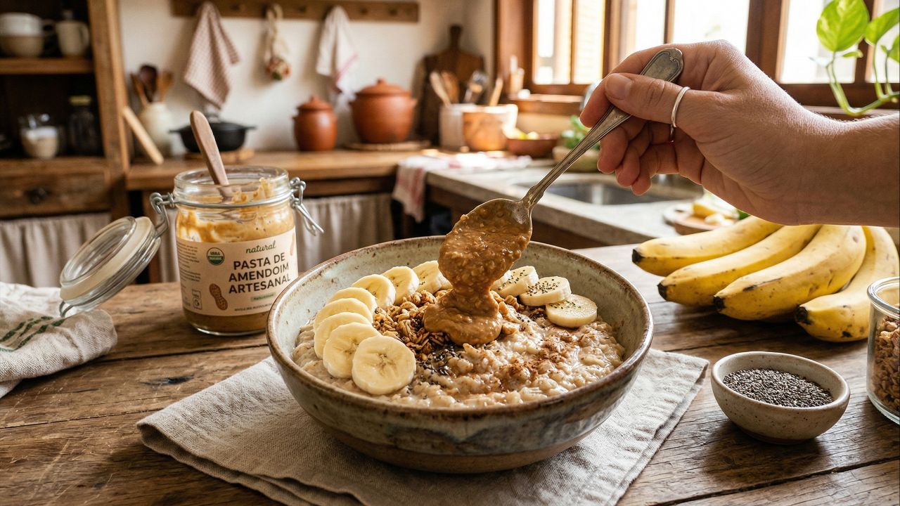 O bowl de aveia e banana auxilia na recuperação muscular e repõe as energias pós-treino.