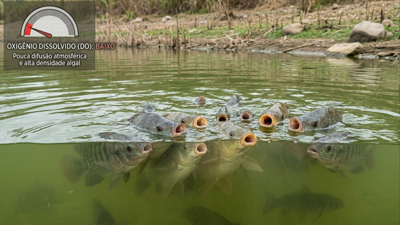 Temperatura e poluição reduzem o oxigênio na água, ameaçando a vida aquática.