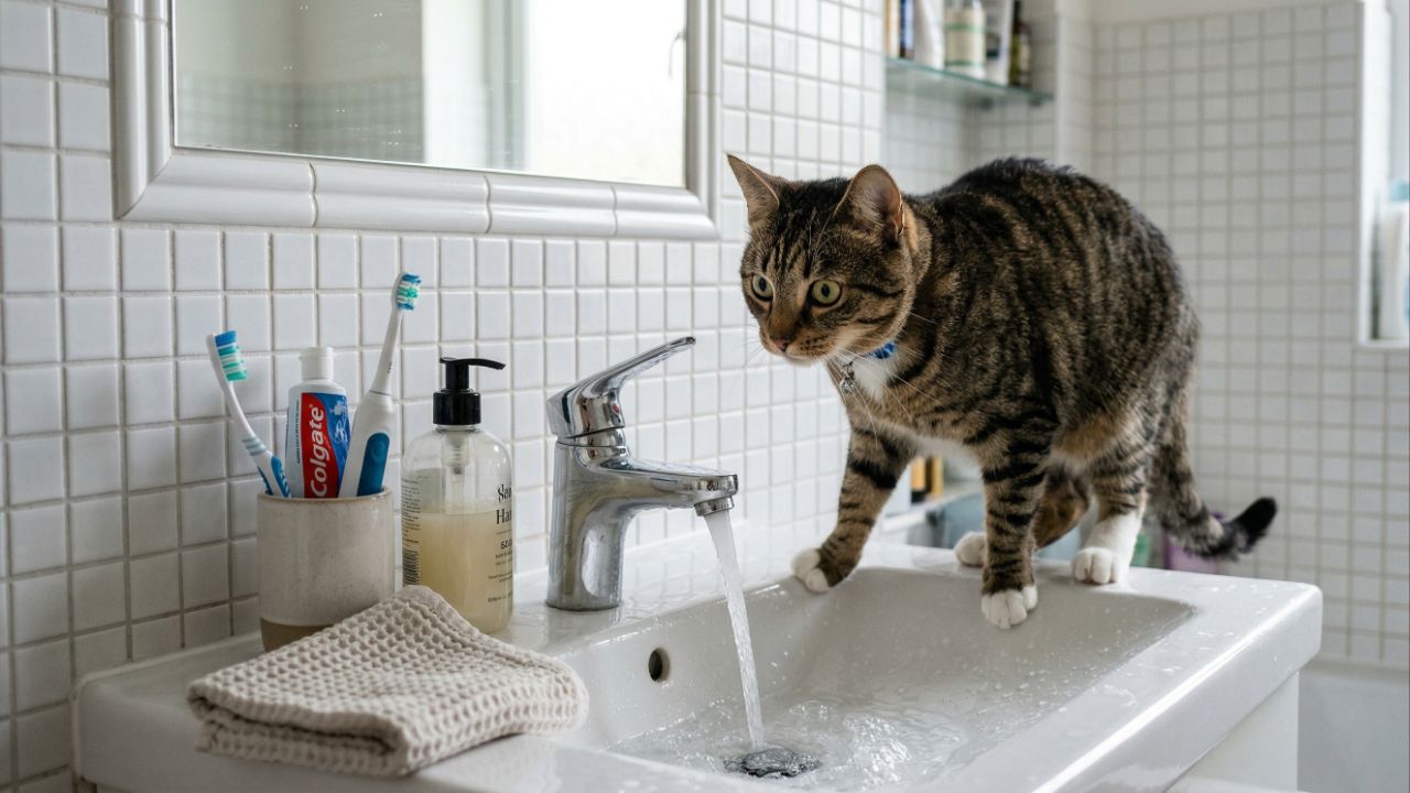 Gatos seguem tutores ao banheiro por curiosidade, afeto ou rotina.