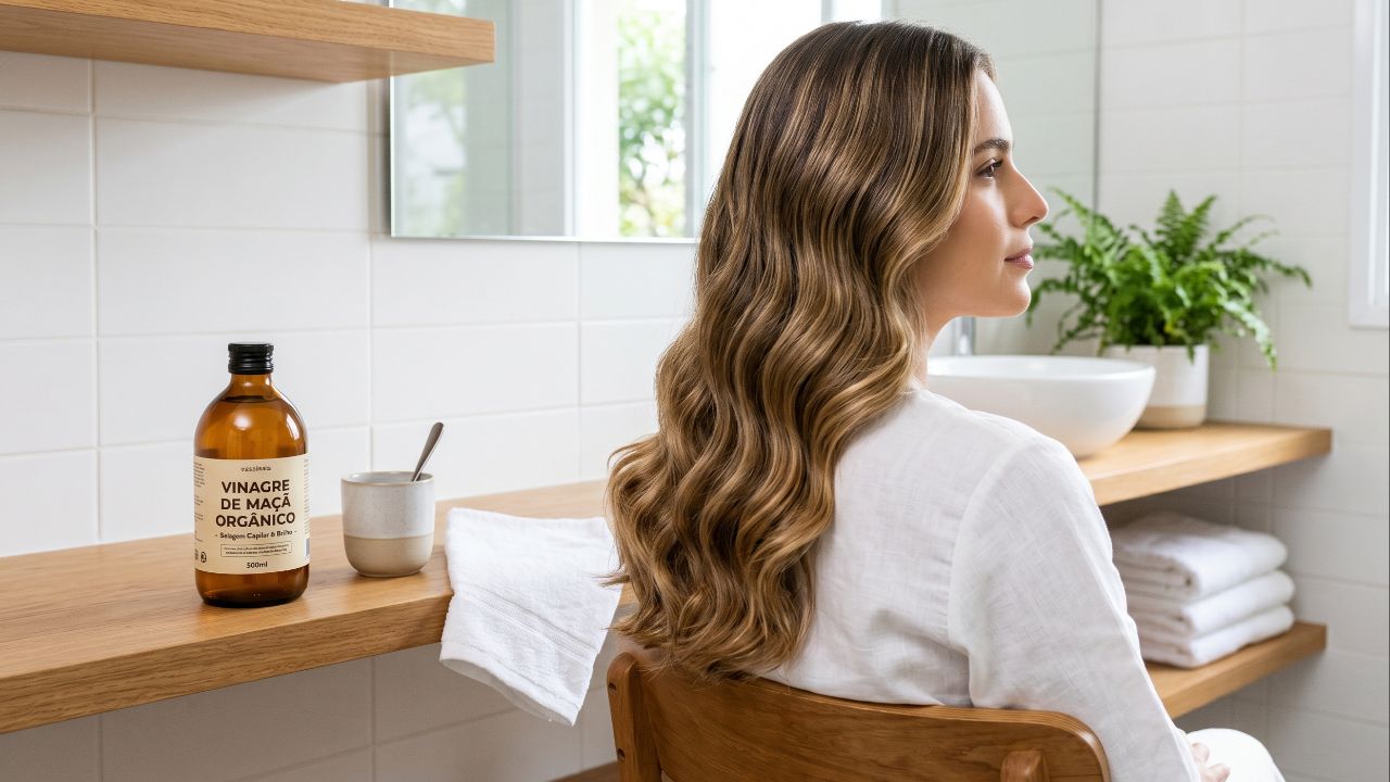 O enxágue com vinagre e água fria sela as cutículas, combatendo o frizz e devolvendo o brilho.